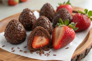 Coxinha doce de morango recheada com fruta fresca, empanada em leite ninho, formato tradicional e cor rosada vibrante.