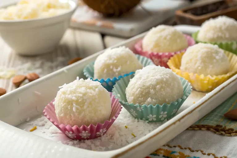 Docinhos de coco ralado branco cremoso enrolados, cobertos com açúcar de confeiteiro, em forminhas de papel coloridas.