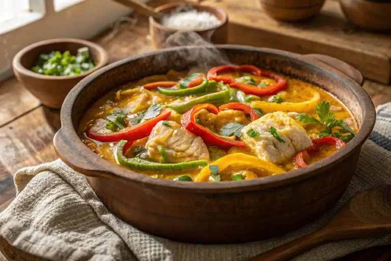 Moqueca de peixe baiana servida em panela de barro com leite de coco e azeite de dendê