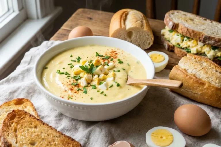 Pasta de ovo cremosa servida com pão e torradas