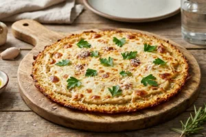 Pizza de alho fit sem farinha com massa crocante e queijo gratinado