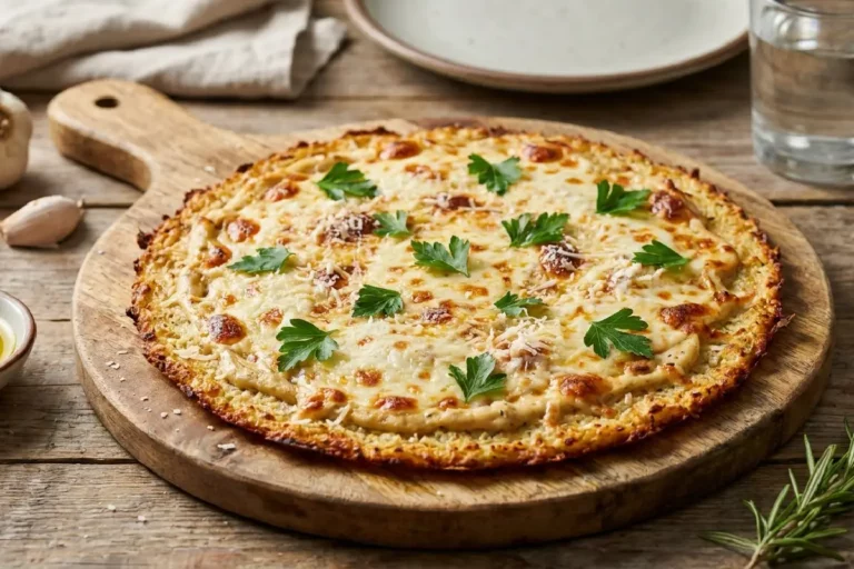 Pizza de alho fit sem farinha com massa crocante e queijo gratinado