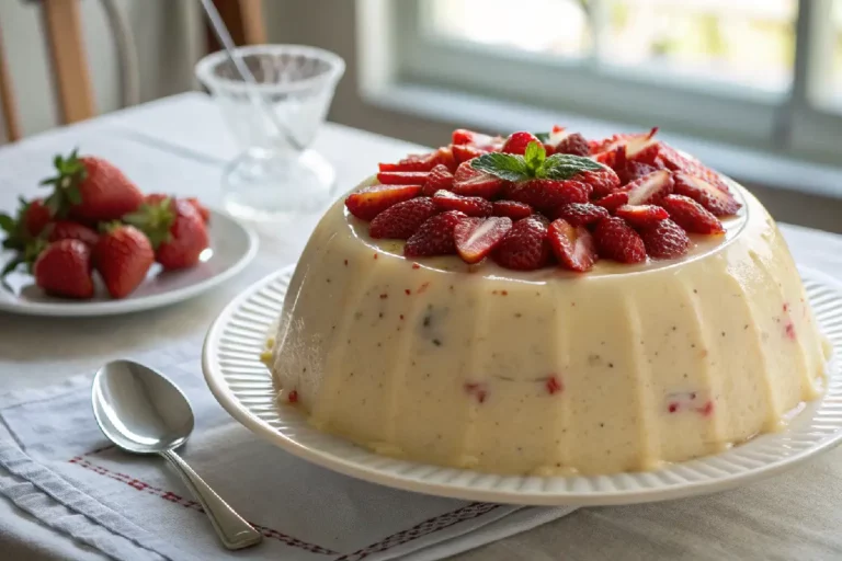 Pudim de tapioca cremoso com calda de morango fresco, textura suave e cor rosada vibrante, servido em forma desenformada.