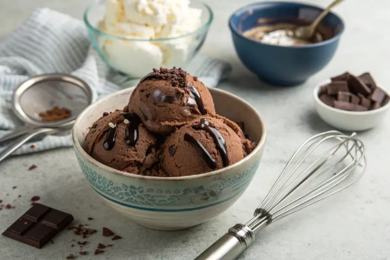Sorvete de chocolate caseiro cremoso, servido em taça transparente com pedaços de chocolate meio amargo por cima.