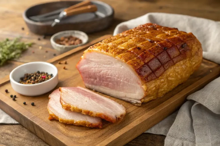 Barriga de porco cozida na panela de pressão, carne suculenta com pele crocante e dourada, servida em prato branco.