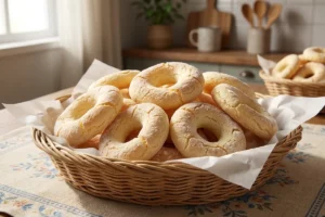 Biscoitos de polvilho caseiros dourados em formato espiral dentro de cesta de palha com guardanapo branco xícara de café e requeijão ao lado sobre mesa de madeira clara