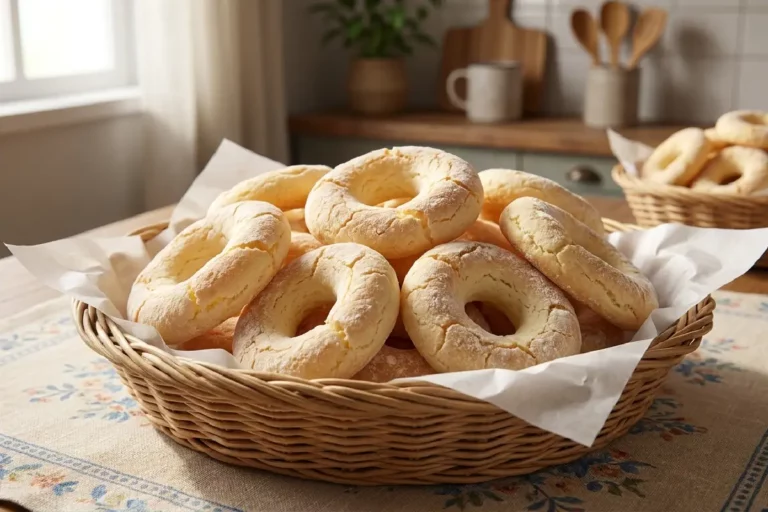 Biscoitos de polvilho caseiros dourados em formato espiral dentro de cesta de palha com guardanapo branco xícara de café e requeijão ao lado sobre mesa de madeira clara