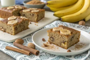 Bolo de banana fit saudável, com textura macia e ingredientes naturais