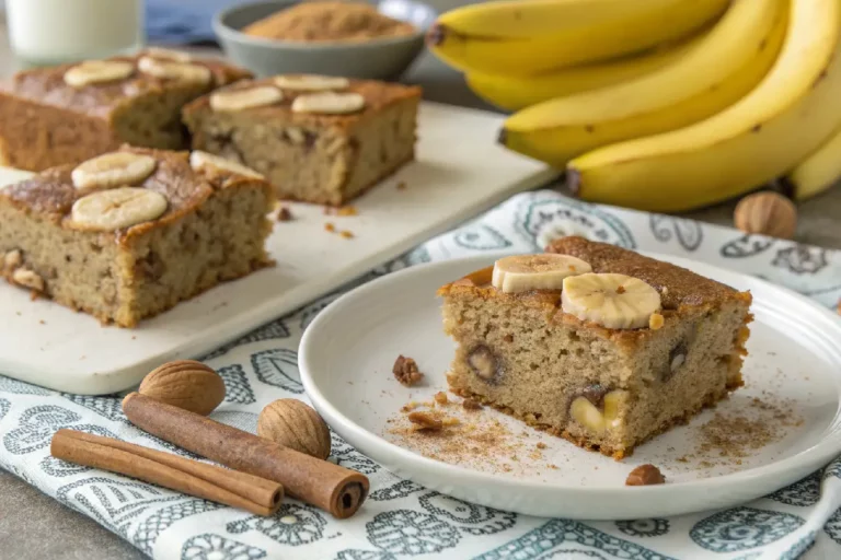 Bolo de banana fit saudável, com textura macia e ingredientes naturais
