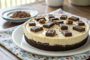 Cheesecake de KitKat com cobertura crocante de chocolate e barras de KitKat decorando