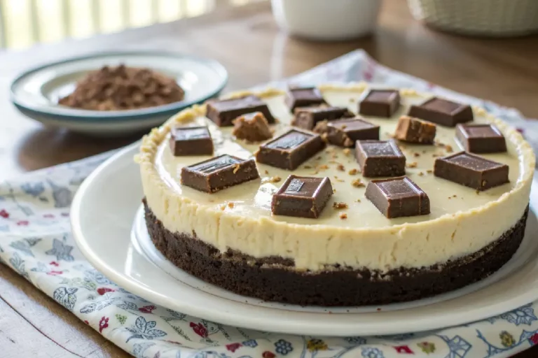 Cheesecake de KitKat com cobertura crocante de chocolate e barras de KitKat decorando