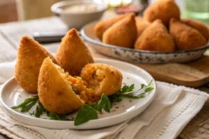 Coxinhas de galinha tradicionais brasileiras, com massa dourada e crocante e recheio cremoso de frango desfiado temperado.