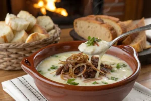 Creme de mandioca e carne seca cremoso com pedaços de carne desfiada, prato brasileiro quente e reconfortante.
