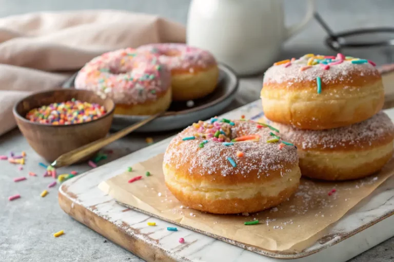 Donuts recheados perfeitos glaseados com chocolate, recheio cremoso de doce de leite visível, superfície lisa e brilhante.