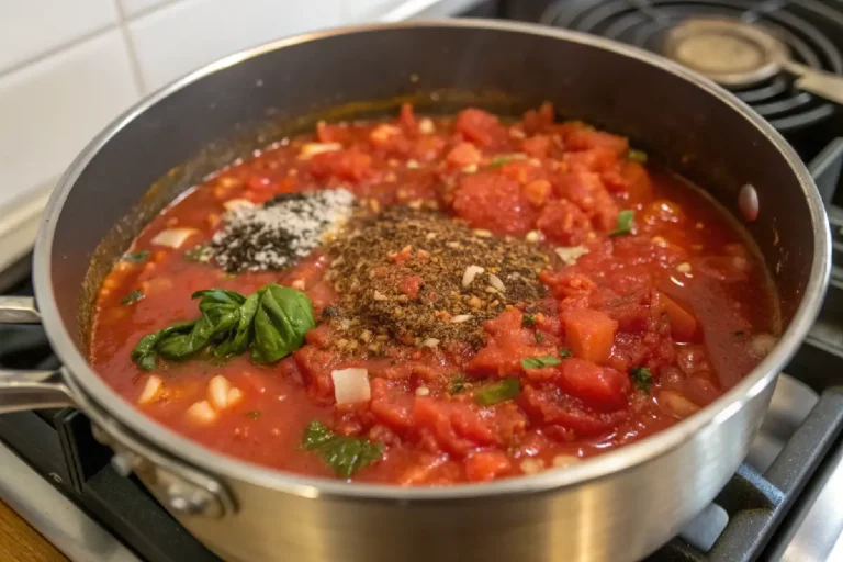 Molho de macarrão caseiro vermelho vibrante com tomate fresco, alho e manjericão, textura cremosa em tigela branca.