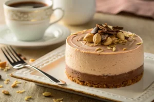 Torta mousse Nutella cremosa com massa crocante de biscoito, camadas de chocolate aveludado e granulado, fatiada em prato branco.