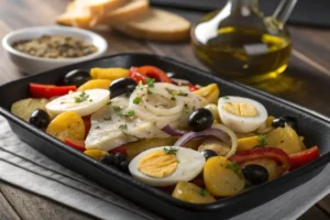 Bacalhau tradicional à portuguesa com postas de bacalhau, batatas, cebola, ovos cozidos, azeitonas e salsa.