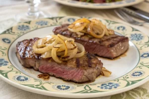 Bife suculento com cebolas douradas, servido em prato rústico.