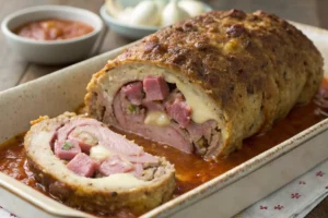 Bolo de carne recheado suculento, com camadas de queijo derretido e temperos