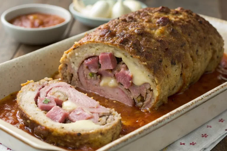 Bolo de carne recheado suculento, com camadas de queijo derretido e temperos