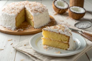 Bolo de maisena fofinho com coco ralado, servido fatiado em prato branco