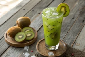 Suco refrescante de kiwi servido em copo de vidro transparente, com sementes visíveis e decoração de fatia de kiwi na borda.