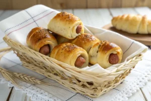 Enroladinho de salsicha assado, lanche dourado e crocante, ideal para festas e lanches rápidos