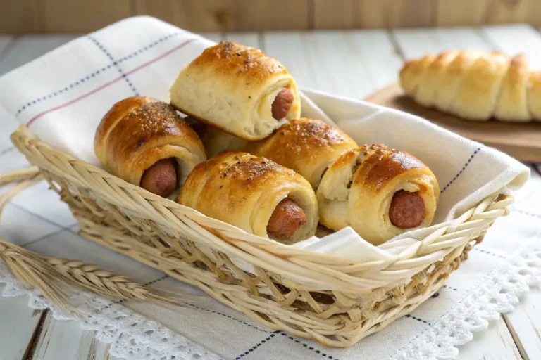 Enroladinho de salsicha assado, lanche dourado e crocante, ideal para festas e lanches rápidos