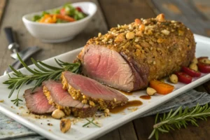 Filé mignon ao ponto com crosta crocante de castanhas, servido em prato elegante