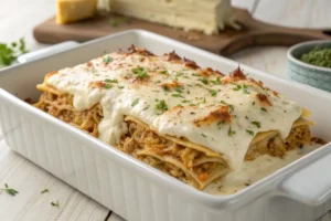 Lasanha de frango ao molho branco gratinada, prato cremoso e saboroso