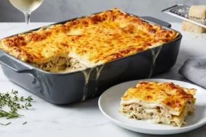 Refratário de cerâmica escura com lasanha de frango ao molho branco com topo fortemente gratinado dourado-âmbar uniforme, e fatia em prato de porcelana revelando interior aveladado com frango e ervas, sobre mármore branco.