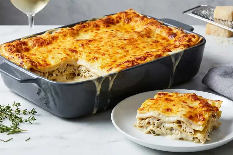 Refratário de cerâmica escura com lasanha de frango ao molho branco com topo fortemente gratinado dourado-âmbar uniforme, e fatia em prato de porcelana revelando interior aveladado com frango e ervas, sobre mármore branco.