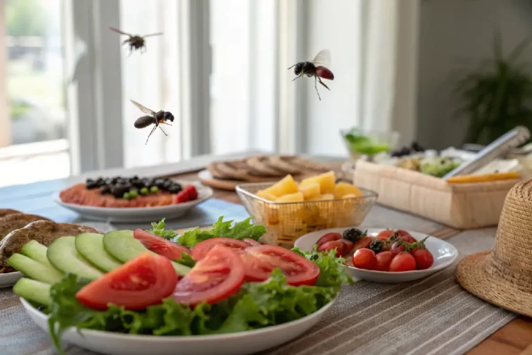 Mosca pousando perto de alimentos na cozinha, problema comum em casa