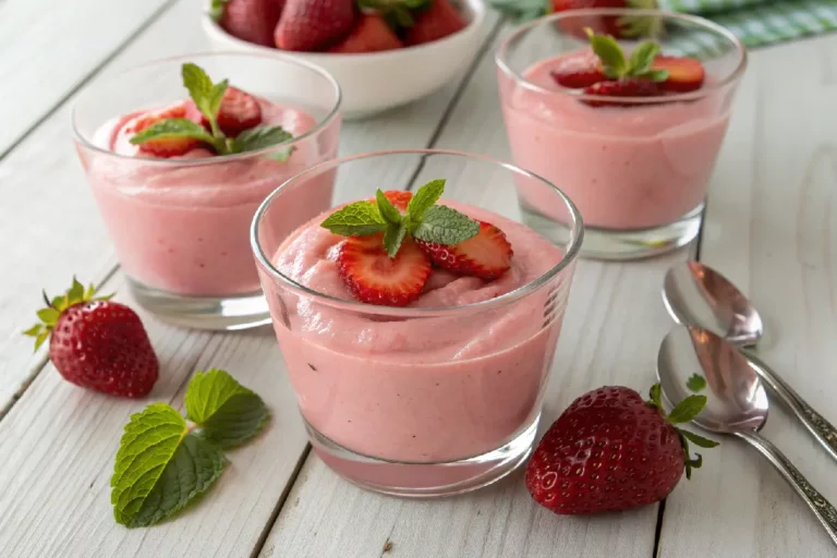 Mousse de morango cremoso servido em taça, sobremesa leve e fresca