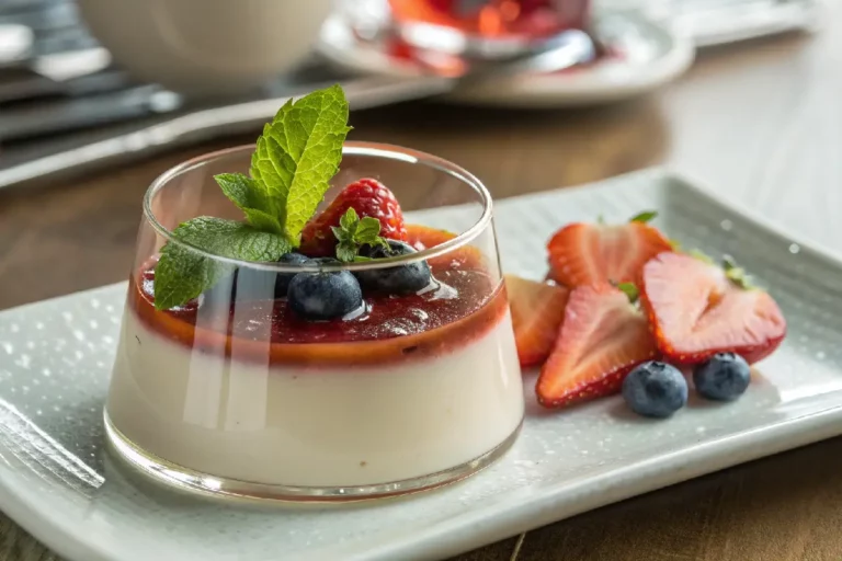 Panna cotta cremosa servida com calda de frutas vermelhas