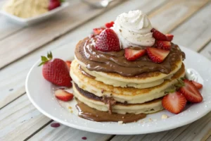 Panqueca com Nutella e morangos frescos, decorada com calda de chocolate