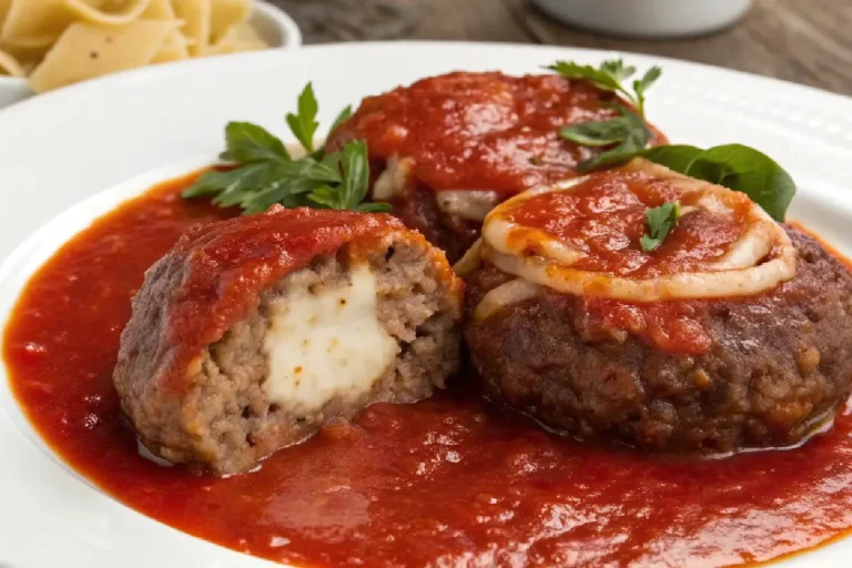 Polpetone de carne dourado, recheado e servido com molho saboroso