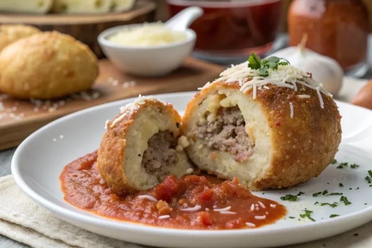 Polpetone recheado com queijo derretido, carne suculenta e molho ao sugo