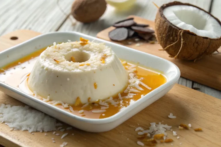 Pudim de coco cremoso e dourado, servido em fatias