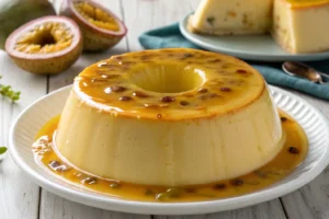 Pudim de maracujá cremoso com calda brilhante de maracujá