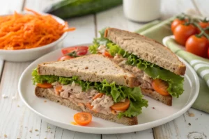 Sanduíche de atum com salada fresca e pão integral, opção rápida e nutritiva