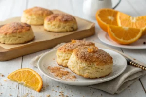 Scones de laranja dourados, com casca ralada de laranja e textura macia