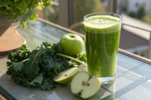 Suco verde refrescante de maçã com couve servido em copo de vidro.