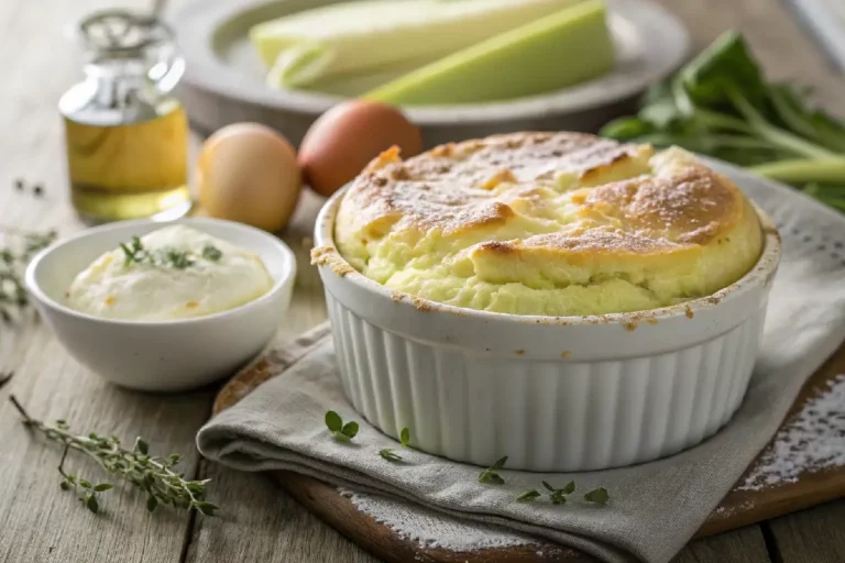 Suflê de chuchu leve e cremoso, gratinado com queijo dourado