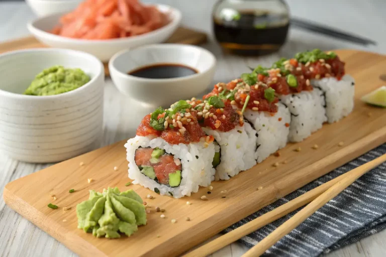 Sushi roll de atum picante, com arroz, nori, cebola verde e molho sriracha, servido em prato branco
