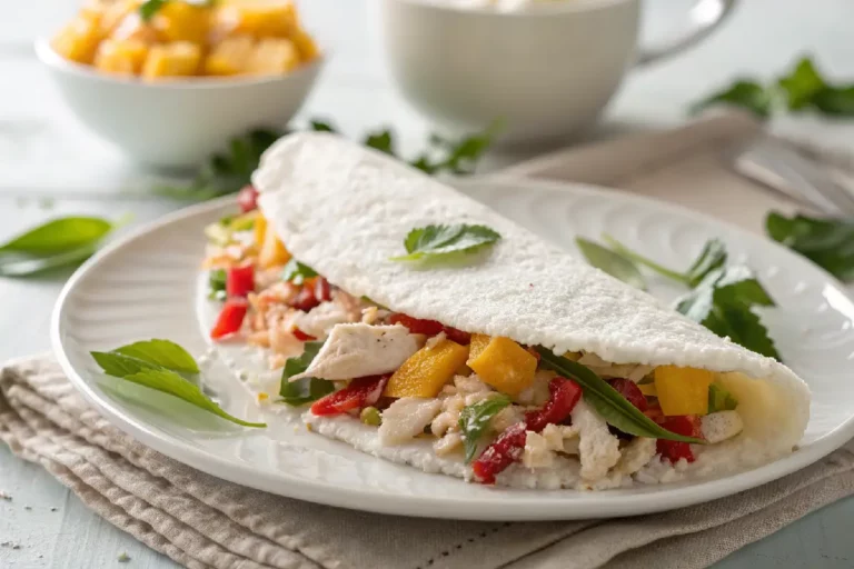 Tapioca recheada fit com ingredientes saudáveis como queijo cottage, peito de peru e folhas verdes, servida em prato branco.