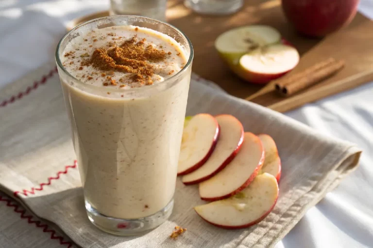 Vitamina cremosa de maçã com canela, servida em copo transparente com canudo.
