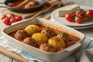 Almôndegas suculentas acompanhadas de batatas Hasselback douradas e crocantes, servidas em prato branco.