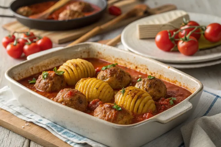 Almôndegas suculentas acompanhadas de batatas Hasselback douradas e crocantes, servidas em prato branco.