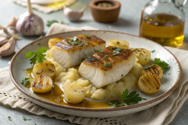 Bacalhau à lagareiro com batatas assadas, regado com azeite e alho, prato tradicional português